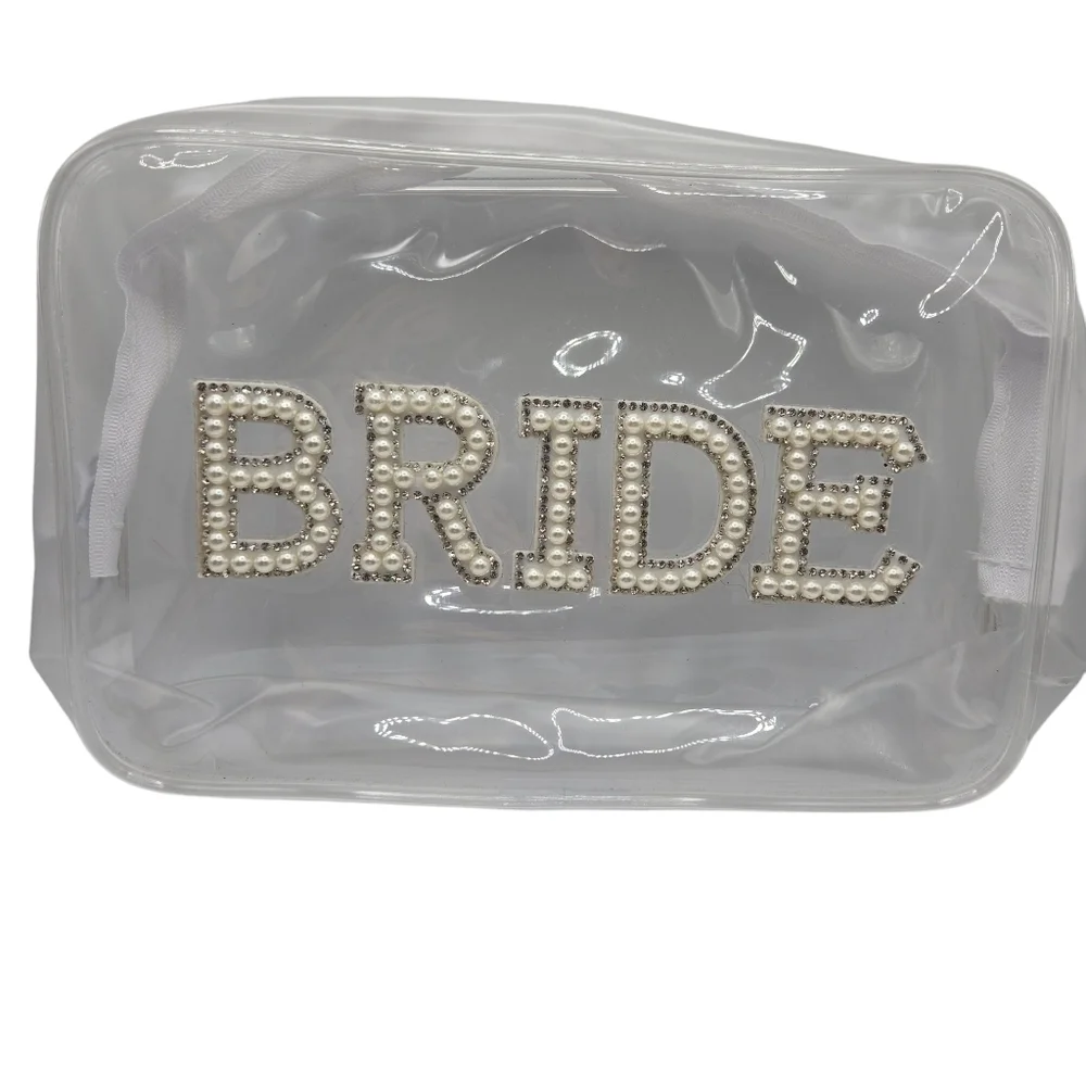 Womens Bridal Wedding Make Up Beauty Clear Pink Pearl Rhinestone Cosmetic Bags